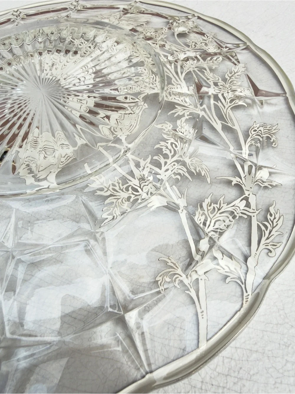 Vintage Silver City Glass Flanders Poppy Serving Plate Sterling Silver Overlay